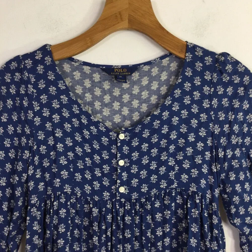 Polo Ralph Lauren Girls Floral Print Boho Dress Denim Blue White Size 14 NWT